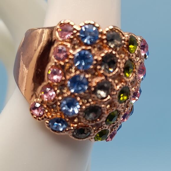 Multicolored Rhinestone Wide Band Ring, Rose Gold Tone, Size 7.75 - Picture 2 of 14